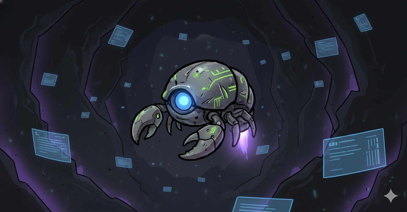 A NanoClaw floating inside The Hollow cavern, surrounded by glowing data panels and violet ambient light